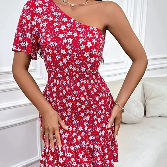 Boutique | Dresses | 223 Womens Summer One Shoulder Floral Bodycon Mini  Dress Smocked Ruffle Mermai | Poshmark